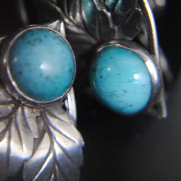 Vintage Sterling Silver & Turquoise Leaves Screw-back Earrings Native American - Picture 10 of 12